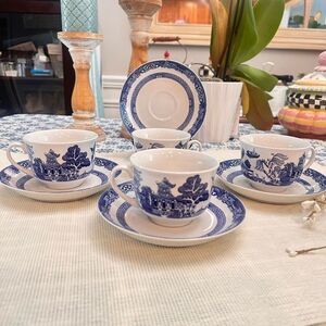 Royal Cuthbertson Blue Willow Blue White Tea cups‎ & Saucers Set of 4 Porcelain